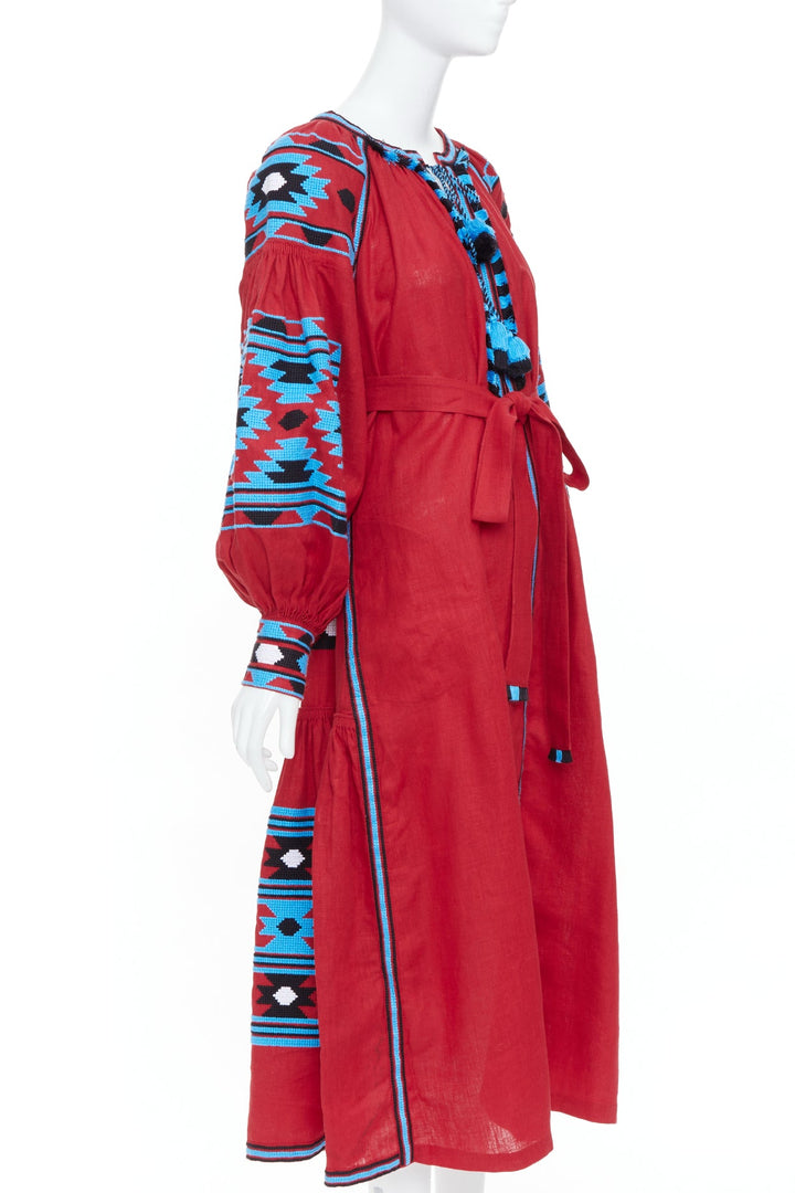 VITA KIN red linen blue folk ethnic embroidery boho peasant kaftan dress S/D