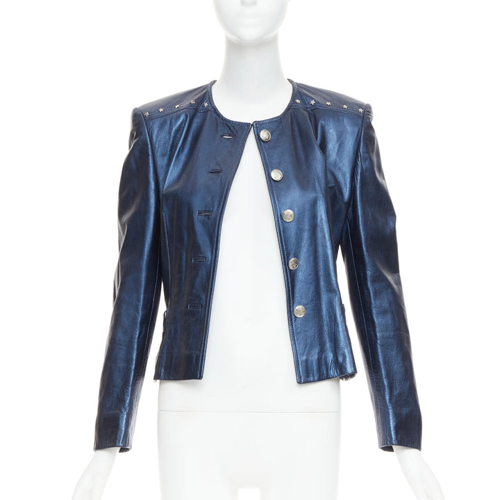 ESCADA Vintage 1980s Starry Night metallic blue leather stud jacket FR34 S