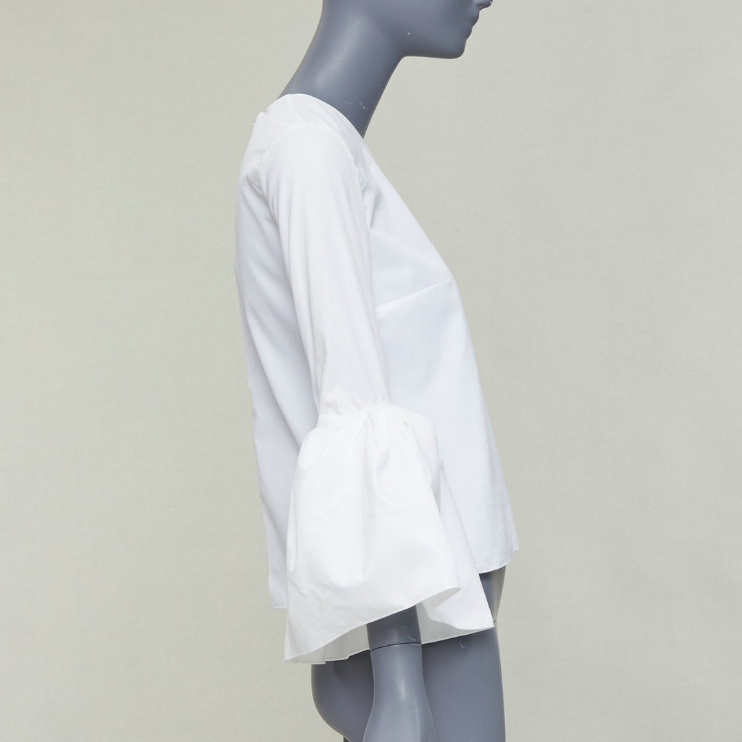 ROKSANDA cream cotton fit flare ruffled cuff fitted crew neck shirt UK6 XS