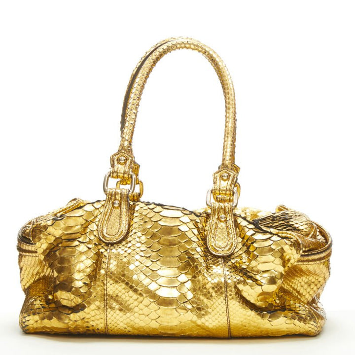 Female mannequin wearing Zagliani Gold Leather Women Bag in Size  | Available at JHROP