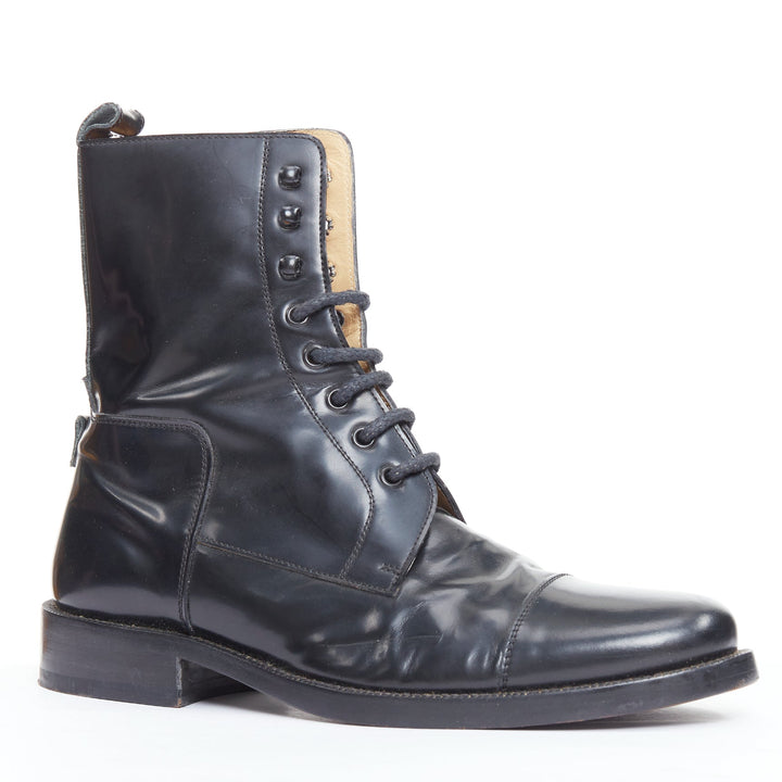 BALENCIAGA black polished leather lace up topstitch combat boots EU41