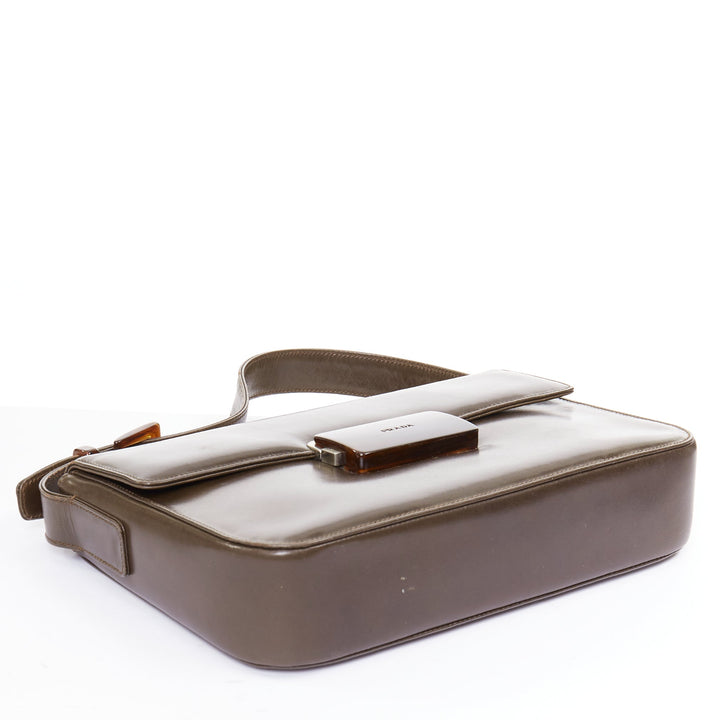 PRADA Vintage dark brown leather acrylic logo buckle flap bag
