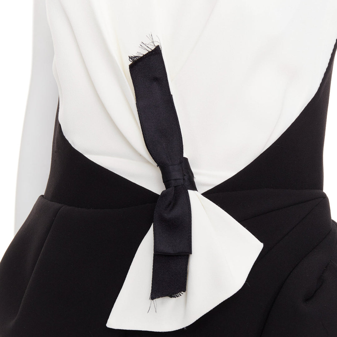 BALENCIAGA 2008 Runway black cream twist bow drape peplum hi-slit dress FR38 M