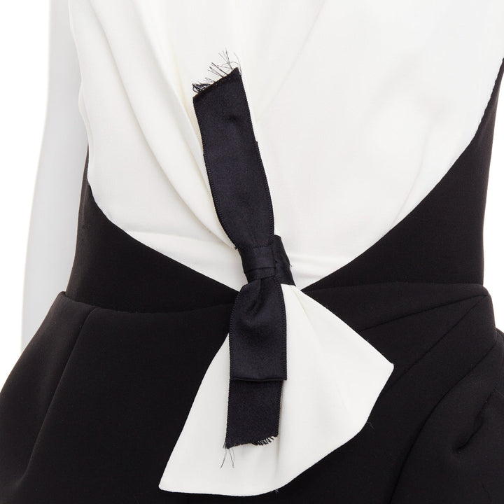 BALENCIAGA 2008 Runway black cream twist bow drape peplum hi-slit dress FR38 M