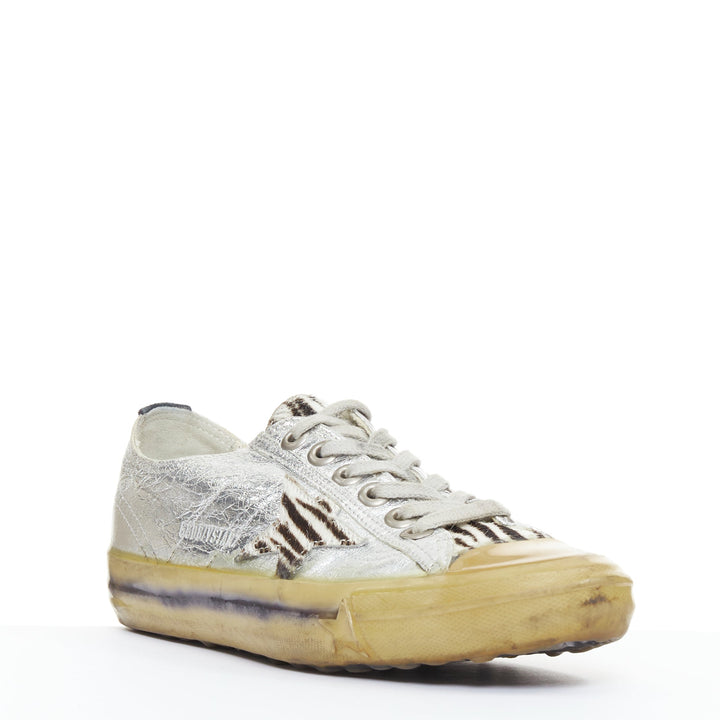 GOLDEN GOOSE May grey suede leopard calf hair silver lace distress sneakers EU37