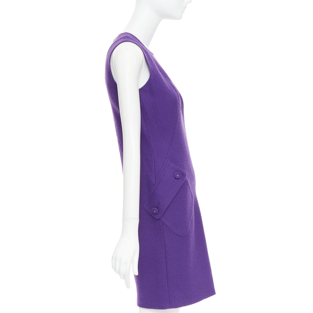 VERSACE purple boucle wool Medusa button slant pocket dress IT38 XS