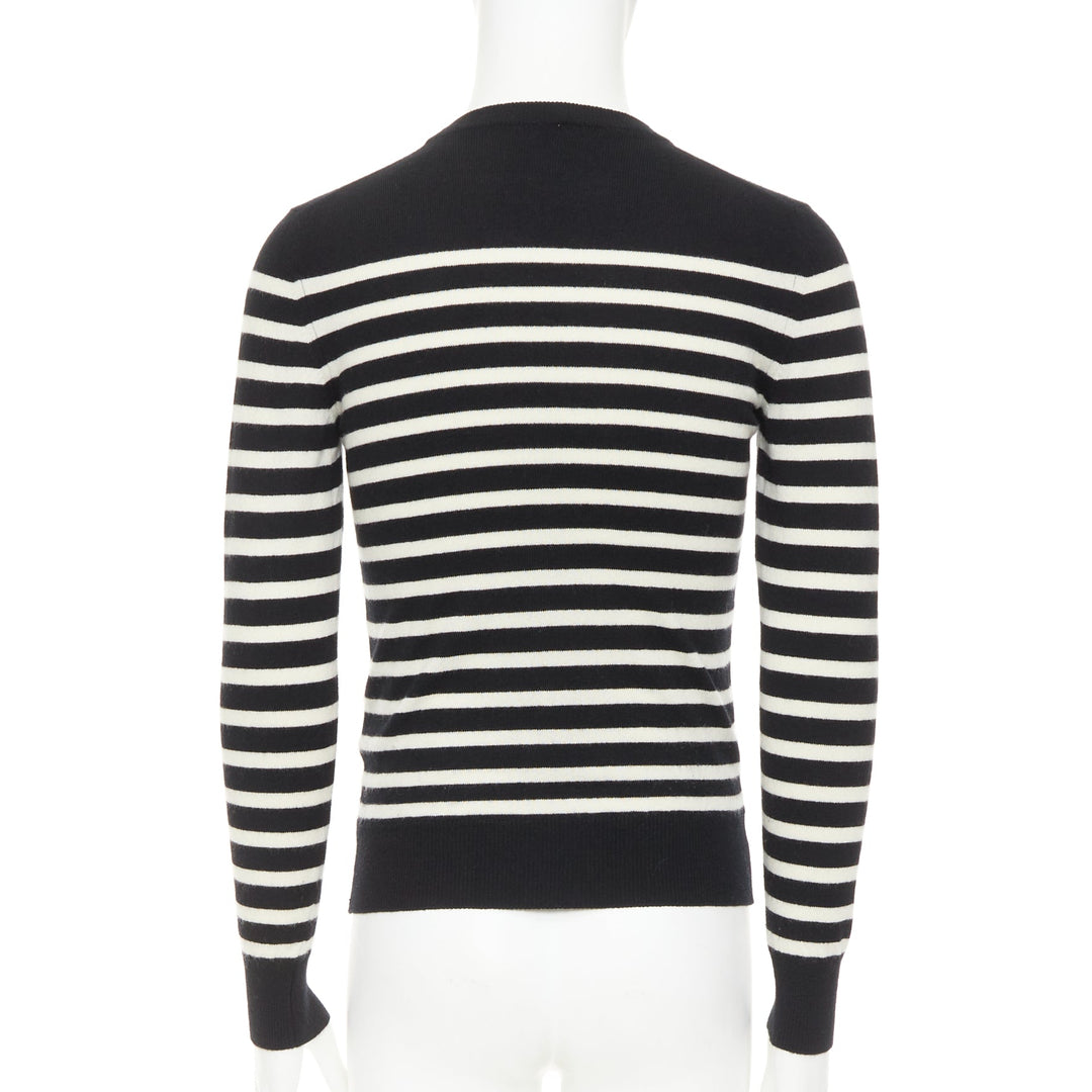 SAINT LAURENT 2017 100% Cashmere black white horizontal striped crew sweater XS