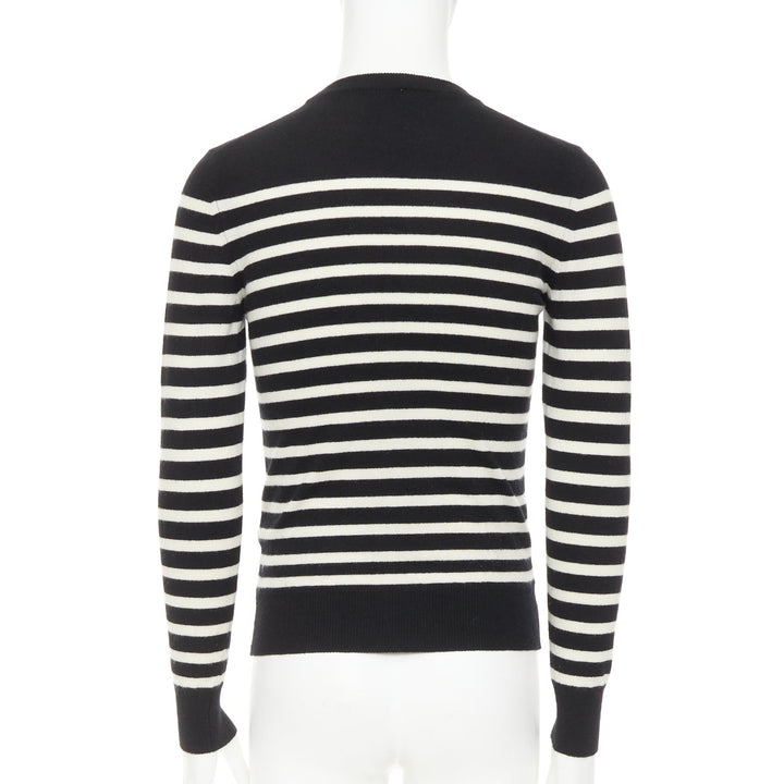 SAINT LAURENT 2017 100% Cashmere black white horizontal striped crew sweater XS