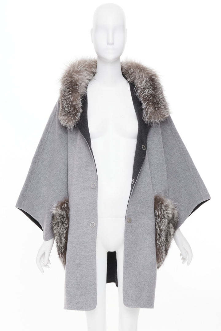 INTUITION PARIS grey cashmere wool real fur hooded removable collar cape coat S