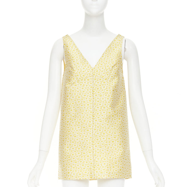 GUCCI 2025 yellow daisy jacquard sleeveless Vneck silk shift mini dress IT36 XXS