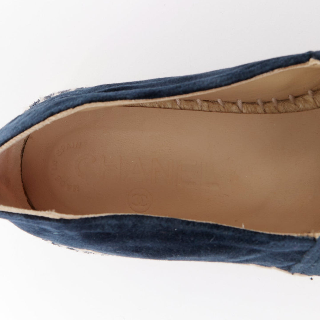 CHANEL navy velvet CC logo applique nude jute espadrille shoes EU37