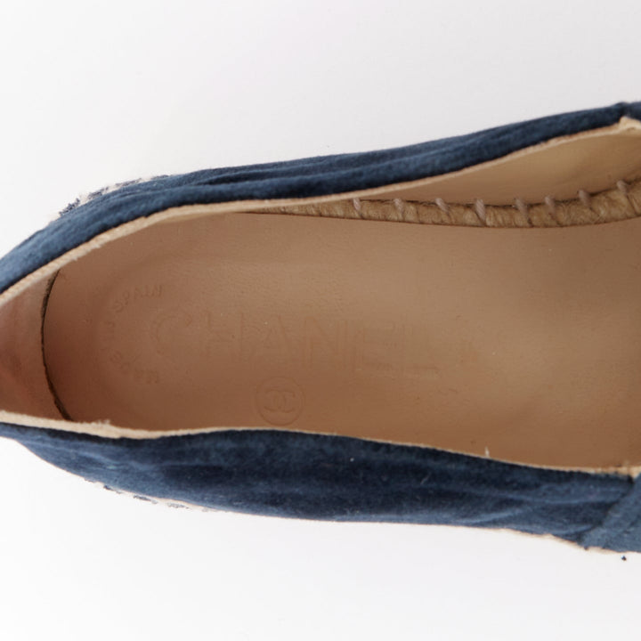 CHANEL navy velvet CC logo applique nude jute espadrille shoes EU37