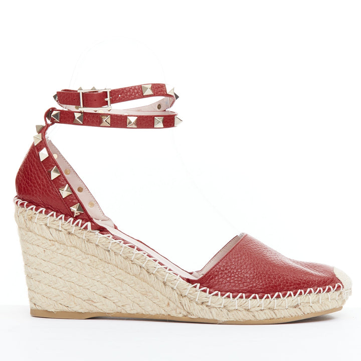 VALENTINO Rockstud 85 red leather jute espadrille wedge EU39