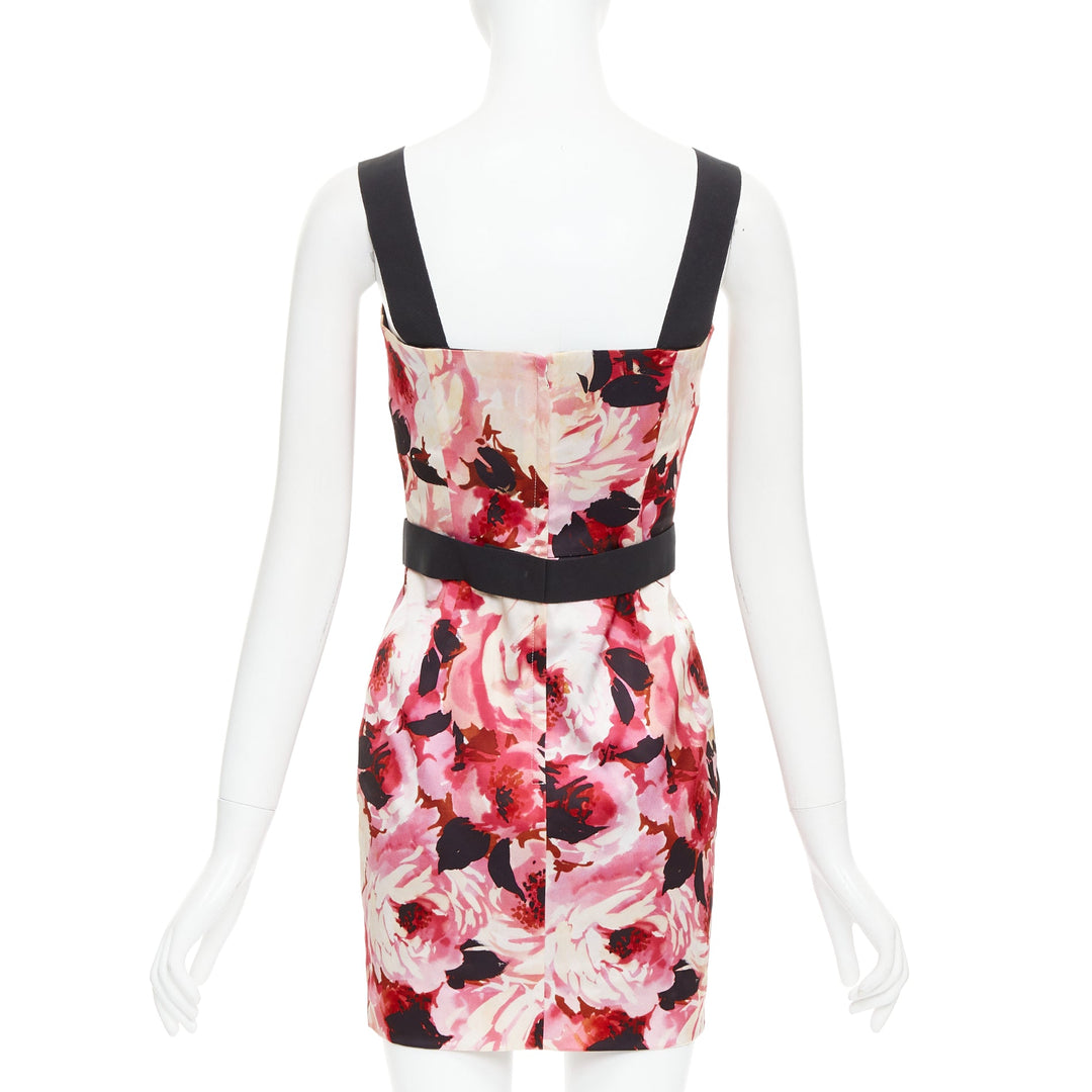 DOLCE GABBANA Vintage pink rose peonies floral black strap mini dress IT40 S
