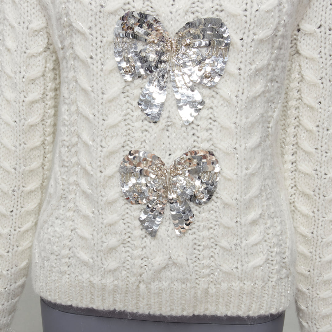 VALENTINO 2021 silver beads sequins bow white lurex cable knit sweater XS
