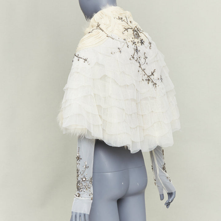 MAURIZIO PECORARO beige fur lined embellished chiffon mesh ruffle shawl IT40 S