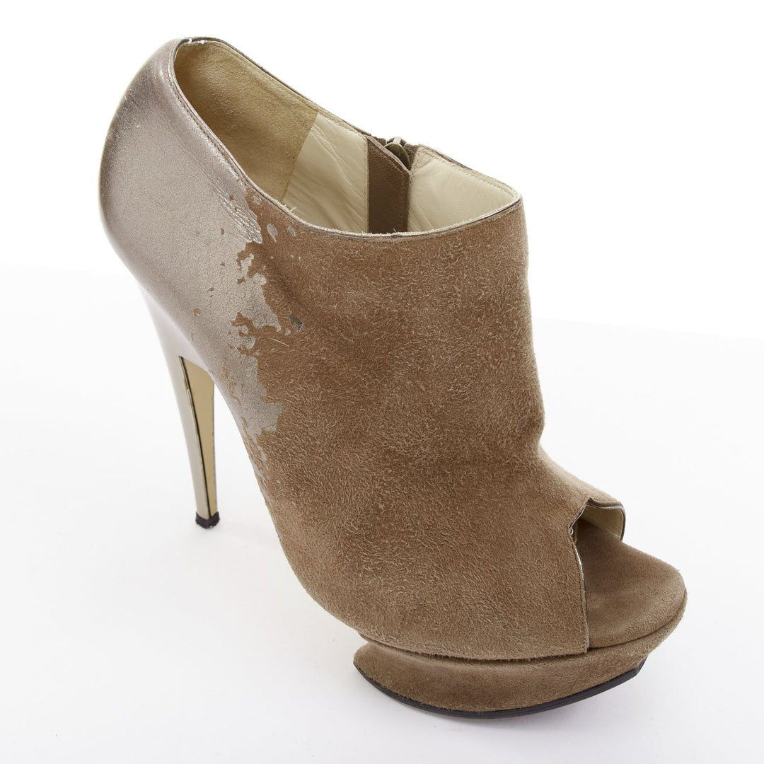 NICHOLAS KIRKWOOD brown gunmetal gradient peep platform booties EU37