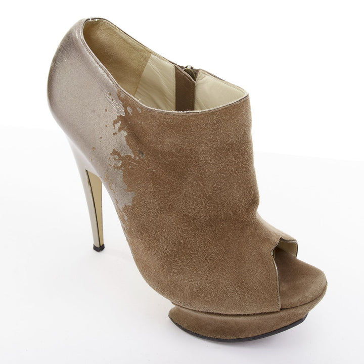 NICHOLAS KIRKWOOD brown gunmetal gradient peep platform booties EU37