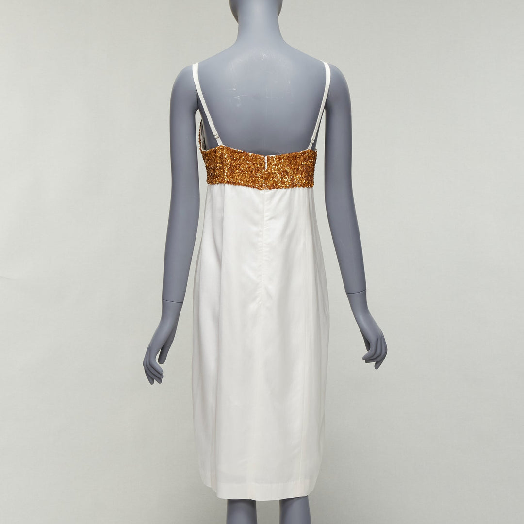 DRIES VAN NOTEN Runway gold sequins bust white satin strappy slip dress FR36 S