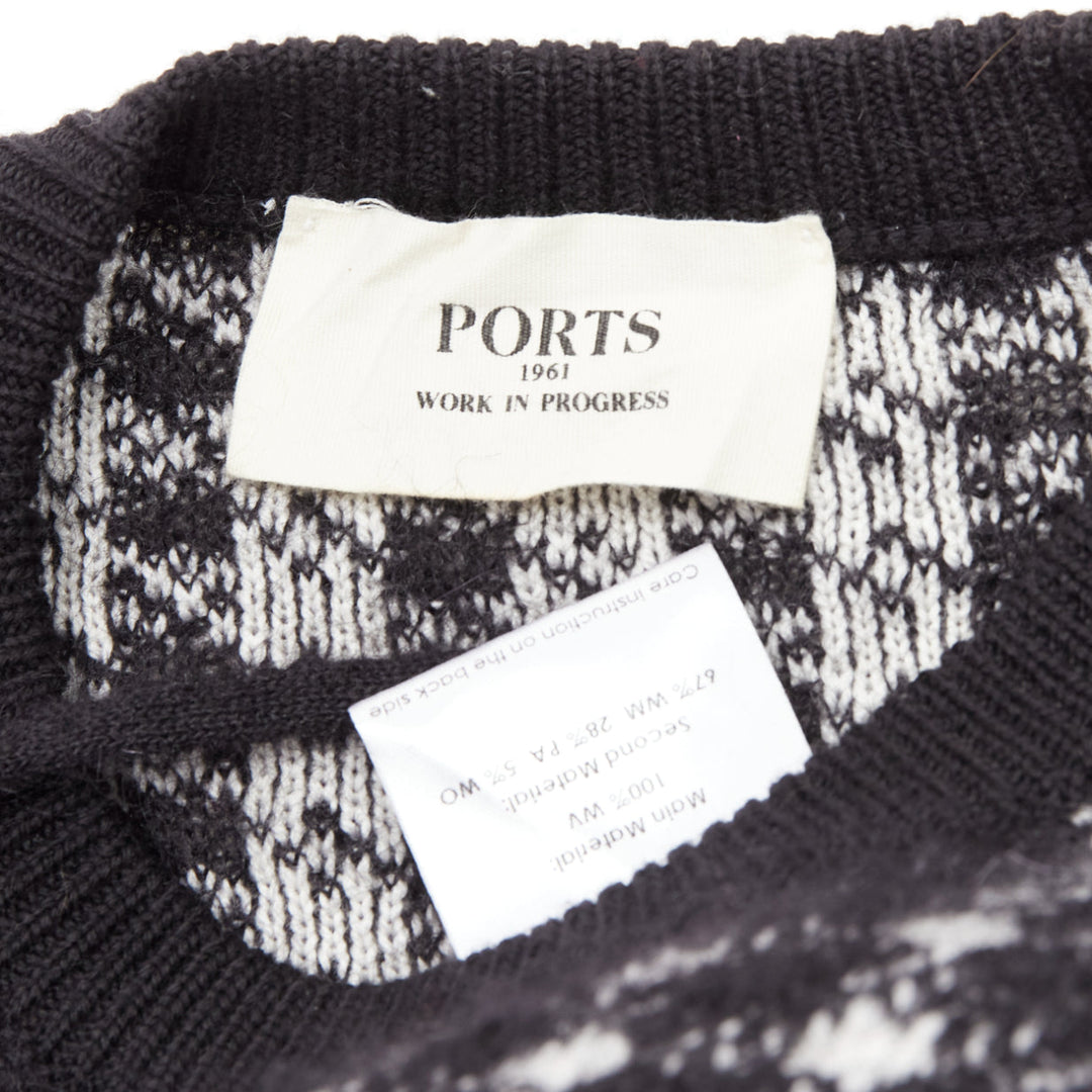 PORTS 1961 black white 100% virgin wool houndstooth pocket fringe sweater S