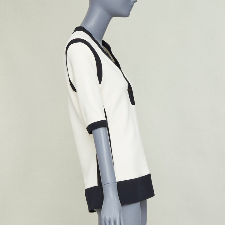 BALENCIAGA 2015 cream black rayon blend colorblock V neck button top FR38 M