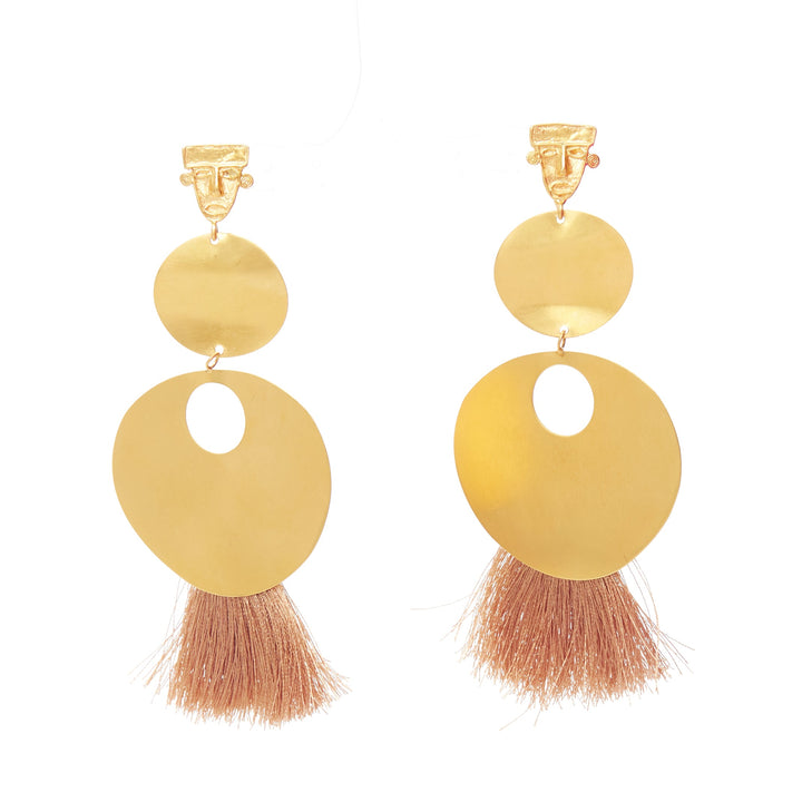 PMX CANO gold metal geometric tribal face beige tassel pin earrings Pair