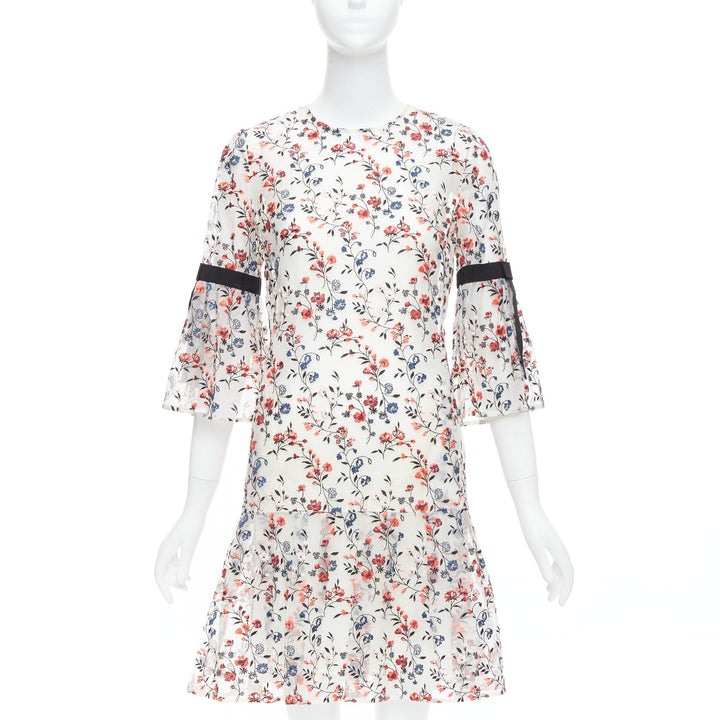 ERDEM Lissy 100% silk white red floral embroidered pleated dress UK8 S