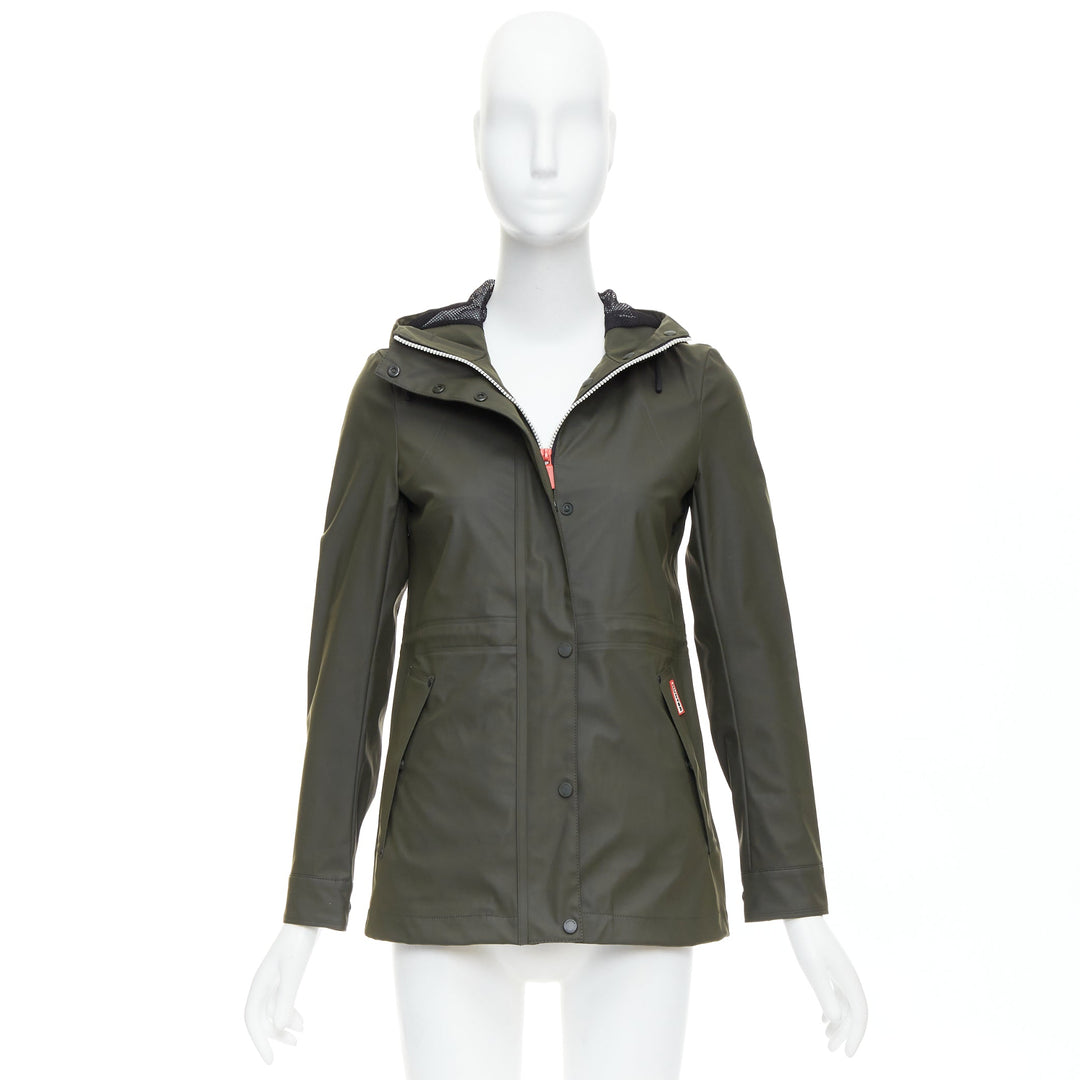 HUNTER Original dark olive green rubberized white zip rain jacket XXS