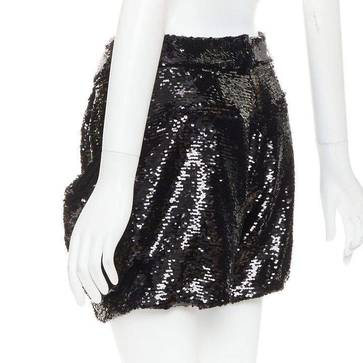 ALEXANDRE VAUTHIER COUTURE black sequinned draped front pocketed bubble shorts