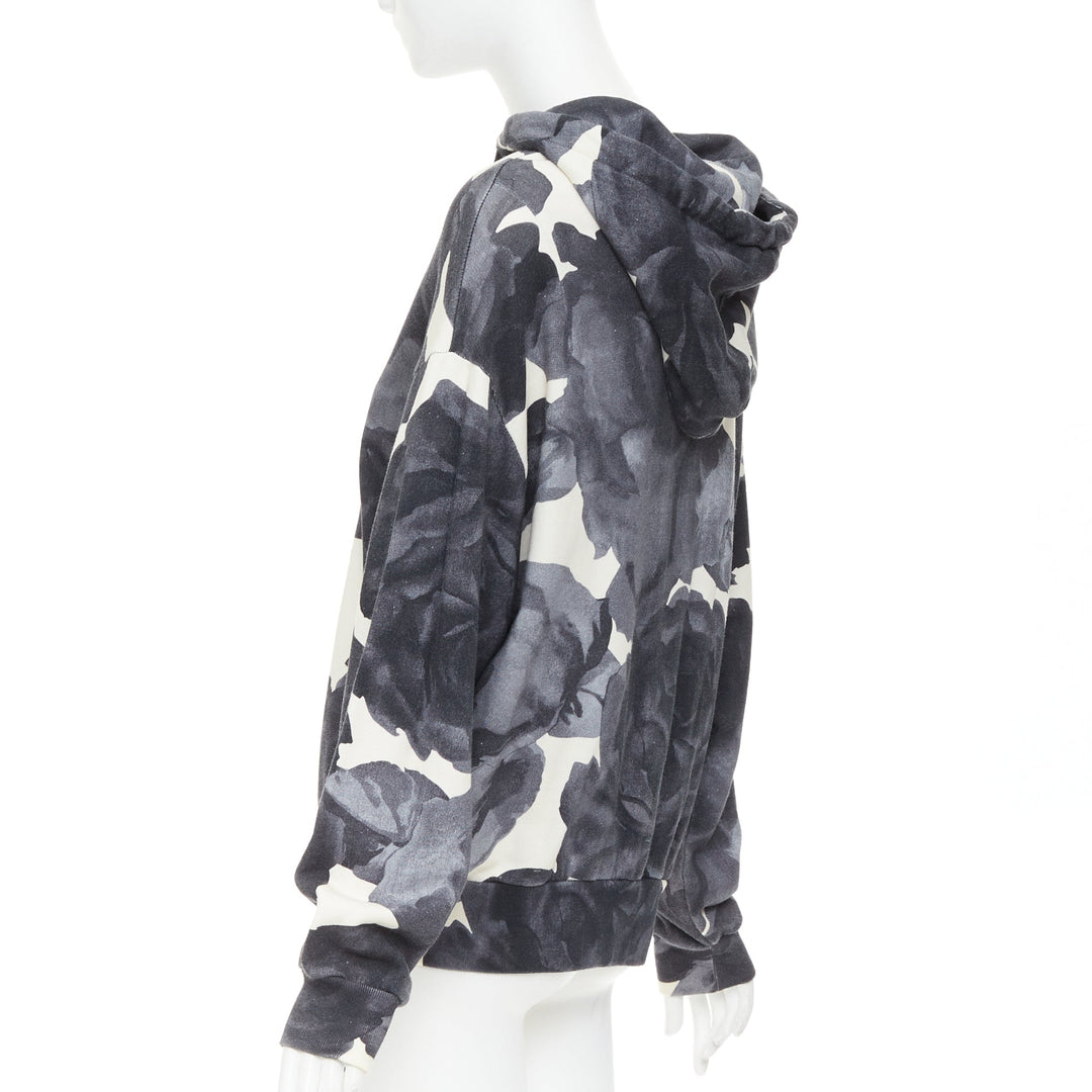 DRIES VAN NOTEN grey ivory cotton abstract rose print black drawstring hoodie S
