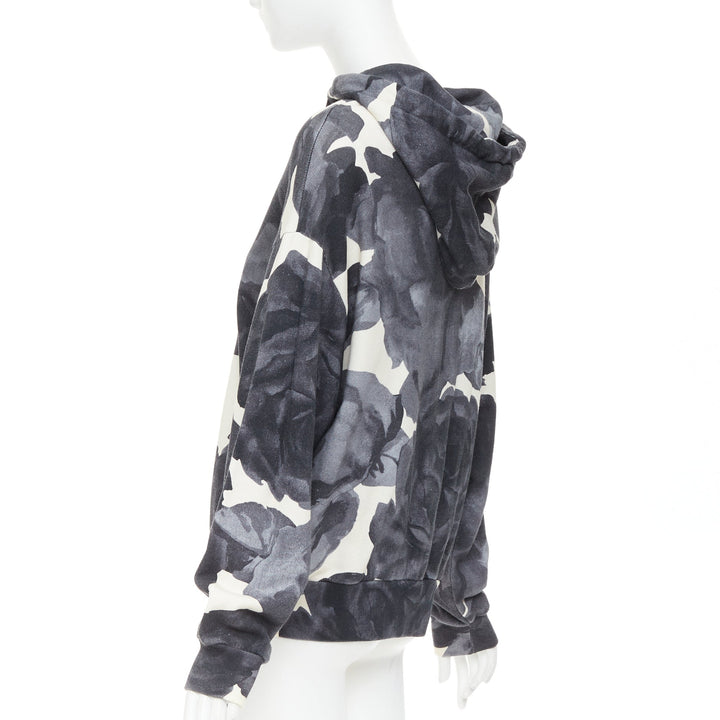DRIES VAN NOTEN grey ivory cotton abstract rose print black drawstring hoodie S