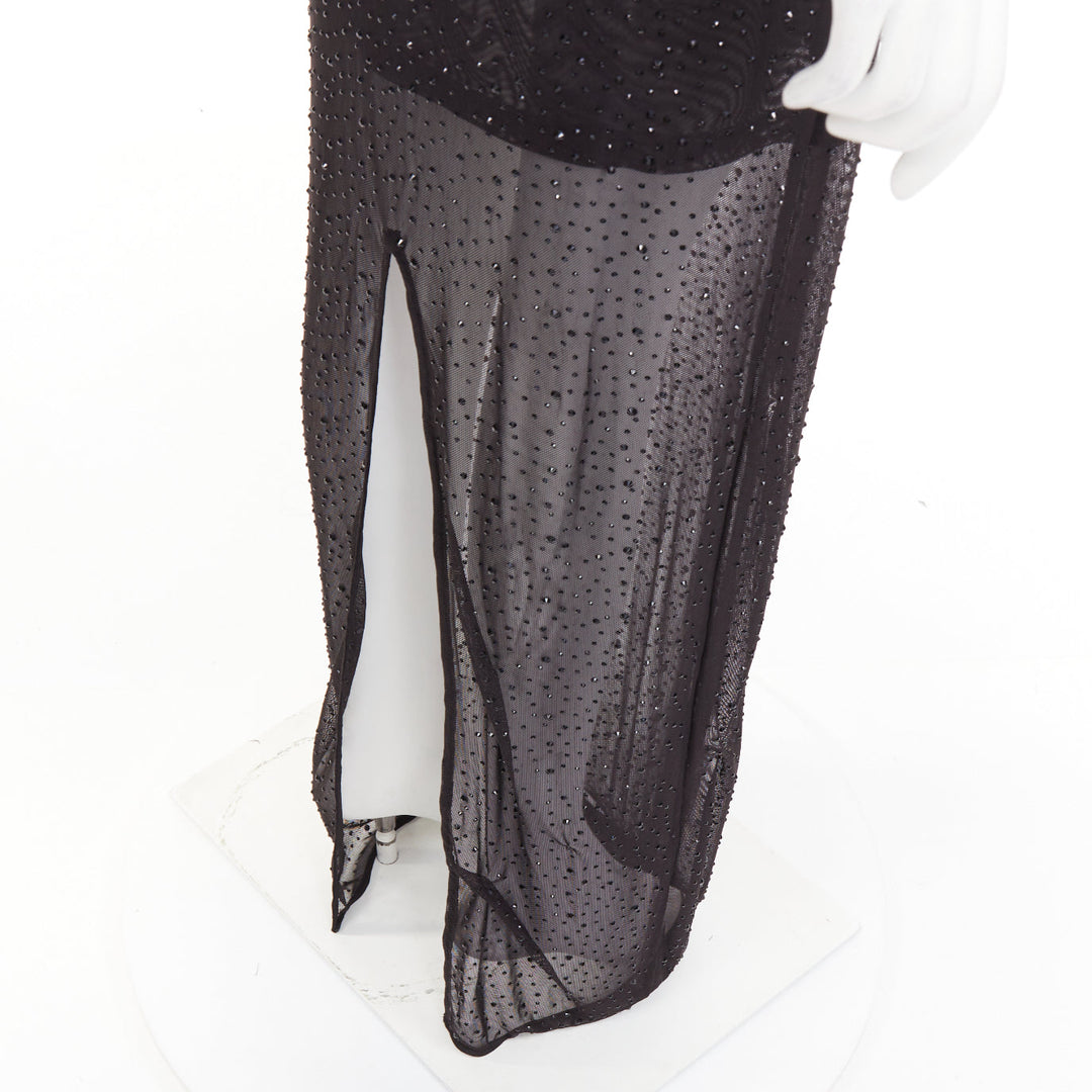 SAU LEE Kai black sheer mesh crystal cheongsam maxi gown US2 S