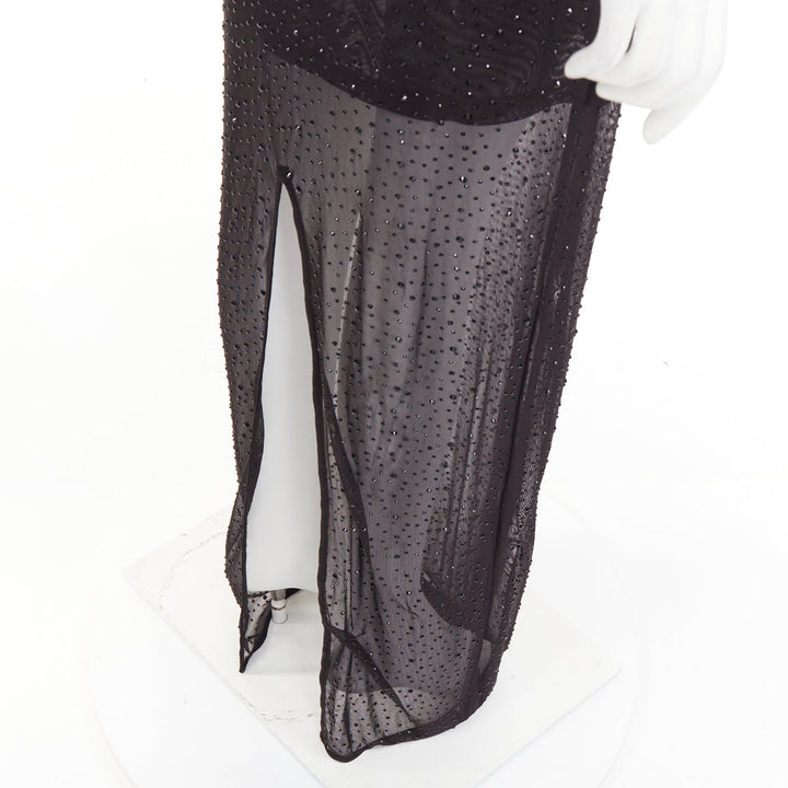 SAU LEE Kai black sheer mesh crystal cheongsam maxi gown US2 S