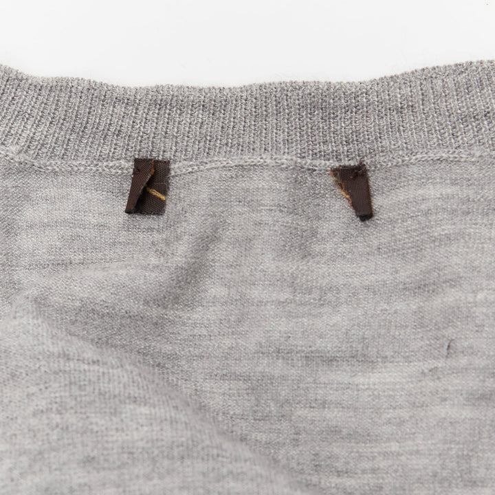 LOUIS VUITTON grey soft knit black beaded LV logo V neck pullover top