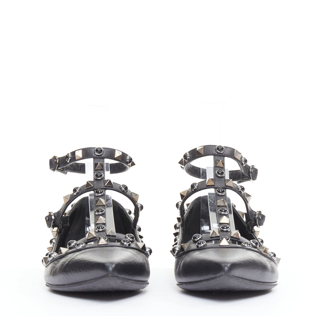 VALENTINO Rockstud black calf mixed stone stud caged ballet flats EU37.5