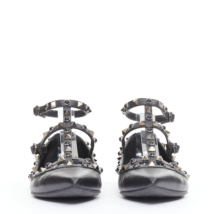 VALENTINO Rockstud black calf mixed stone stud caged ballet flats EU37.5