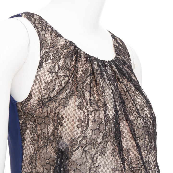 VALENTINO 2008 Vintage black lace overlay nude navy satin back mini dress UK6 XS