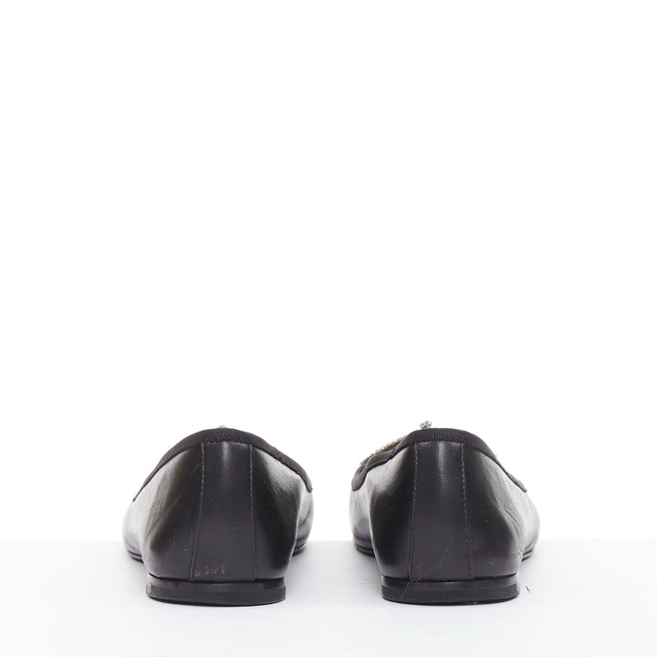 SAINT LAURENT Seta black leather rhinestone crystal bow ballerina flats EU37