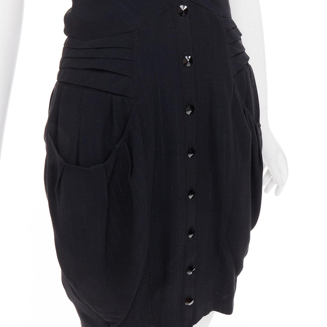 BALMAIN black lurex pinstripe ruched front scoop neck curvy mini dress FR36 S