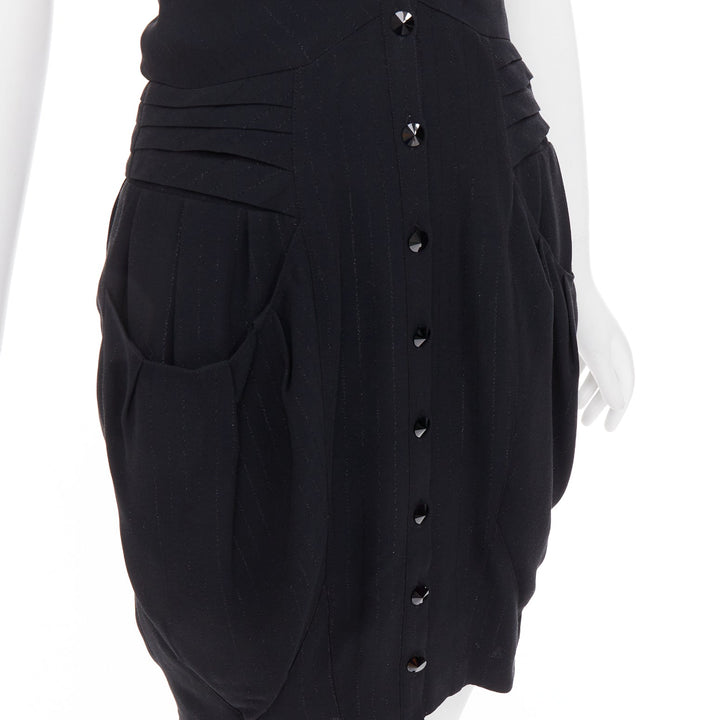 BALMAIN black lurex pinstripe ruched front scoop neck curvy mini dress FR36 S
