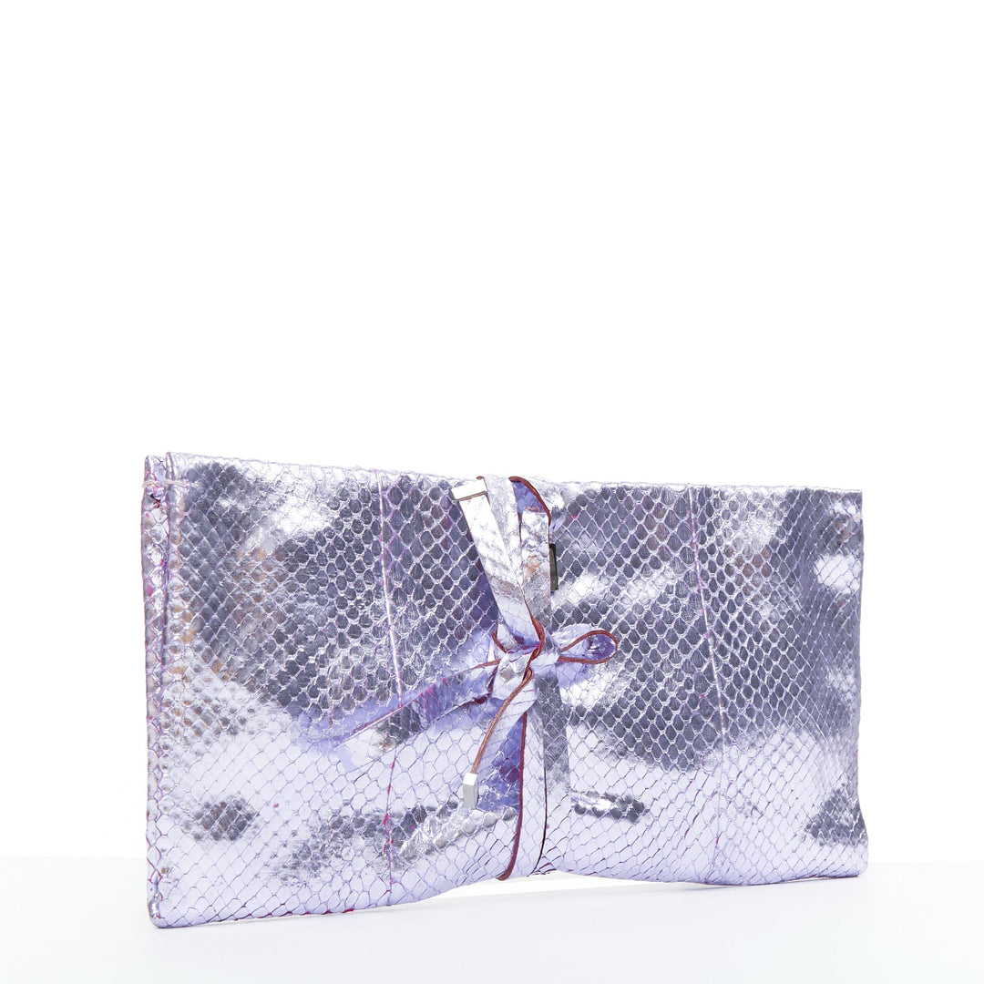 YVES SAINT LAURENT purple metallic scaled leather wraparound clutch bag
