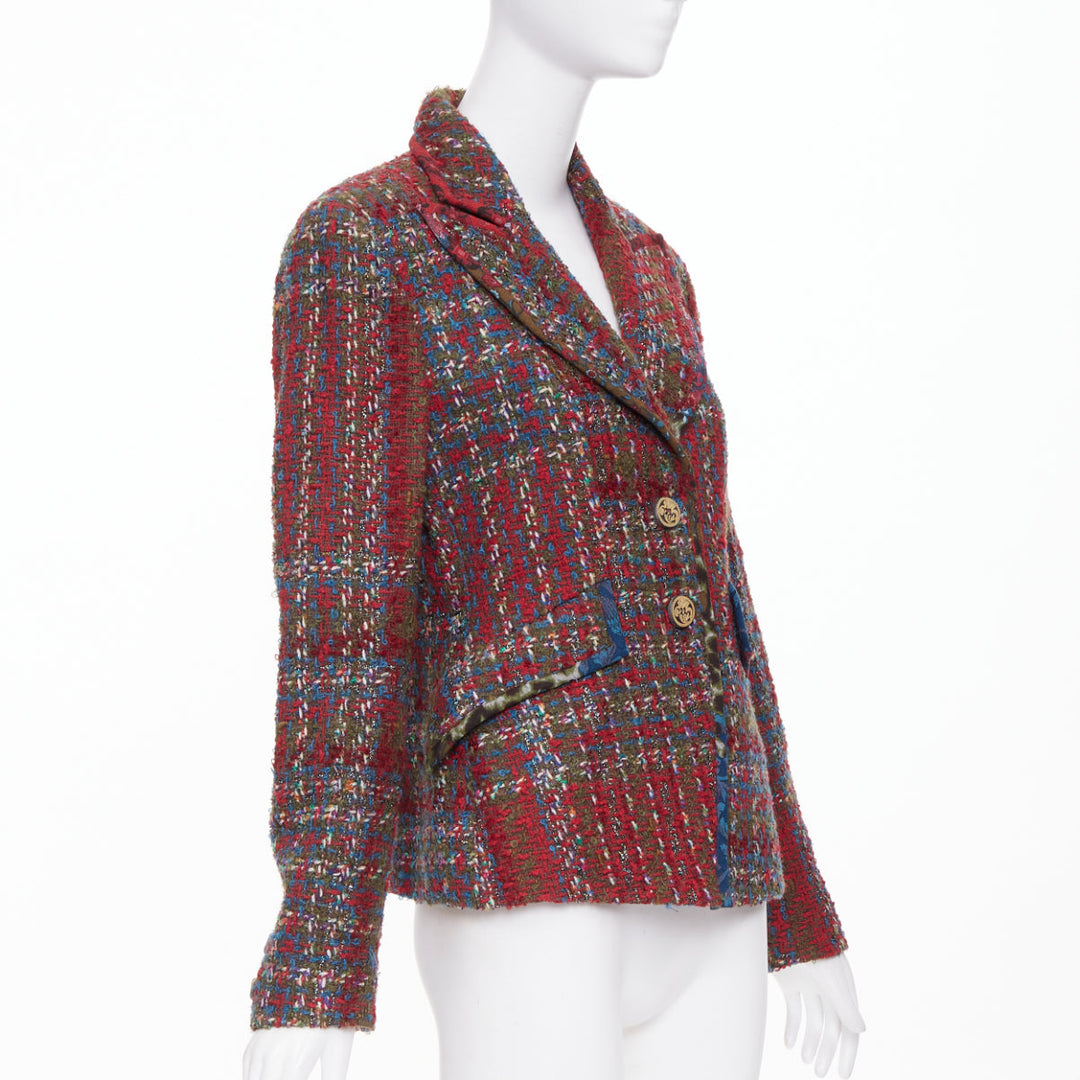 CHRISTIAN LACROIX BAZAR 1996 red plaid tweed crest button blazer jacket FR44 XL