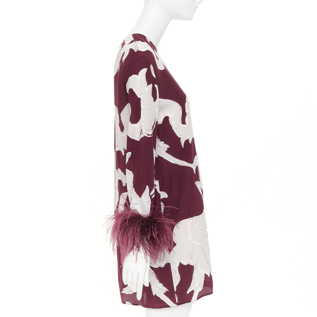 VALENTINO 2024 Runway Metamorphosis Gryphon print feather cuff silk dress IT40 S