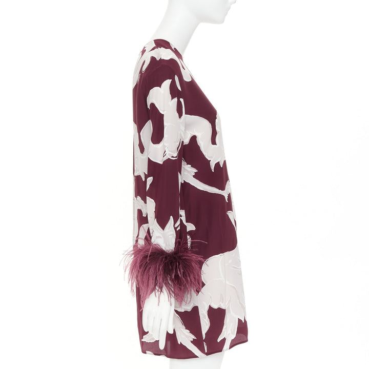VALENTINO 2024 Runway Metamorphosis Gryphon print feather cuff silk dress IT40 S
