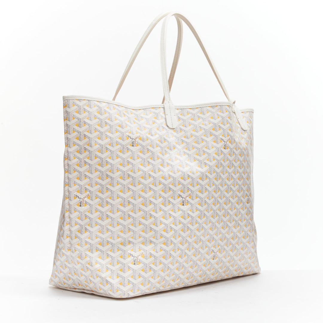 Female mannequin wearing Goyard Saint Louis GM White Canvas Women Bag in Size  | Available at JHROP