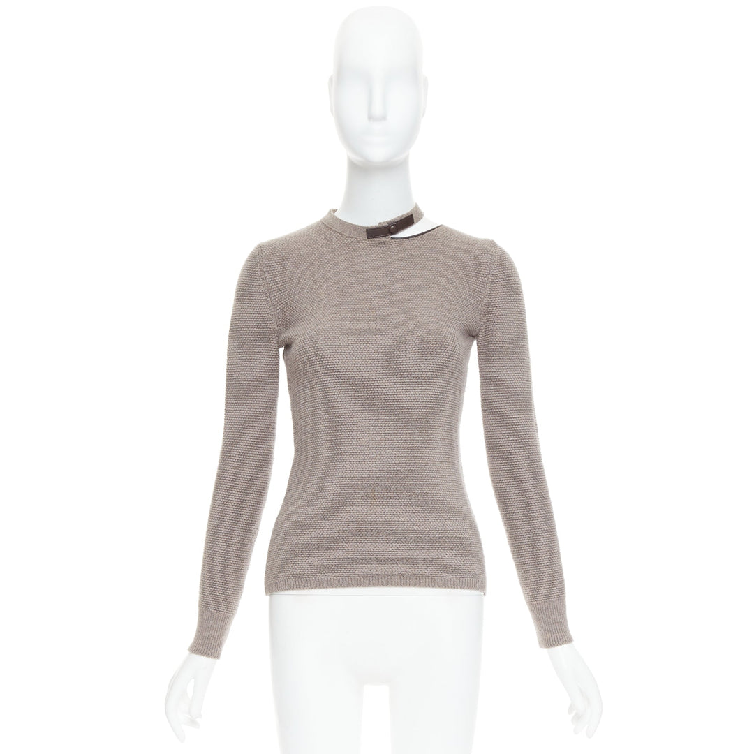 TOM FORD taupe fleece wool blend cut out leather collar sweater S