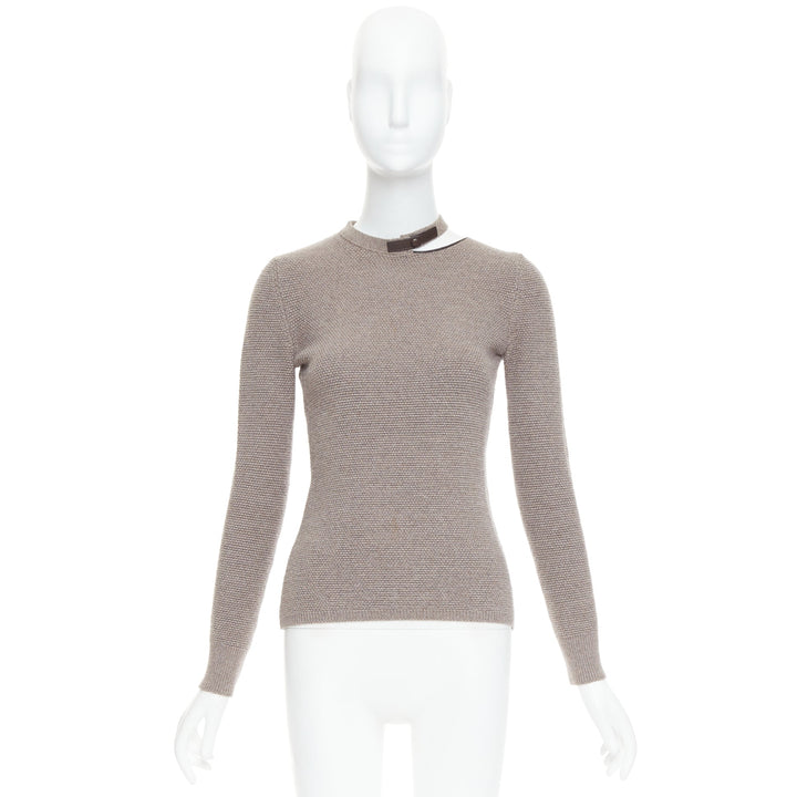 TOM FORD taupe fleece wool blend cut out leather collar sweater S