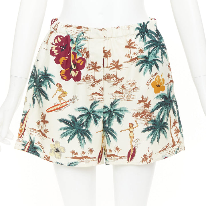 MIU MIU 2023 100% silk multicolor cream Hawaiian Surfer boxer shorts Sz1 XS