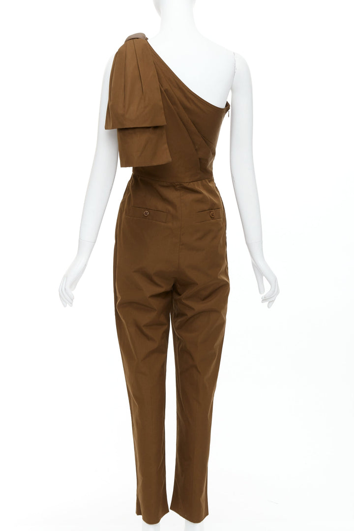 MAX MARA Avola brown cotton poplin one shoulder leather trim jumpsuit IT36 XXS