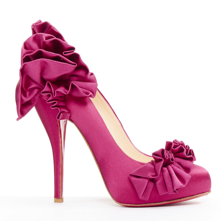 CHRISTIAN LOUBOUTIN Escandria 120 Satin cranberry pink ruffle platform EU37.5